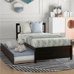 Twin Size Wooden Platform Bed Frame With Trundle Bed, And Wooden Slats Support, No Spring Box Required (Frame Only) - Espresso