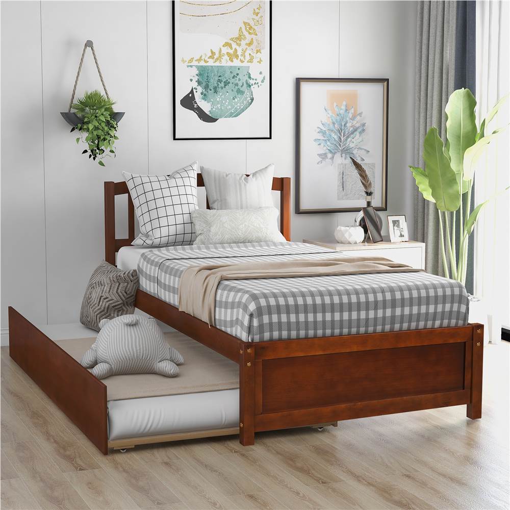 Twin Size Wooden Platform Bed Frame with Trundle Bed, and Wooden Slats Support, No Spring Box Required (Frame Only) - Walnut Twin Size Wooden Platform Bed Frame With Trundle Bed, And Wooden Slats Support, No Spring Box Required (Frame Only) - Walnut -NEWTRAL Sales Shop Twin size Platform Bed Wood Bed Frame with Trundle Walnut 459306 0
