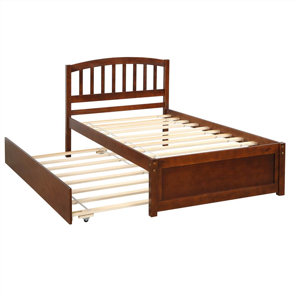 Twin Size Wooden Platform Bed Frame with Trundle Bed, and Wooden Slats Support, No Spring Box Required (Frame Only) - Walnut Twin Size Wooden Platform Bed Frame With Trundle Bed, And Wooden Slats Support, No Spring Box Required (Frame Only) - Walnut -NEWTRAL Sales Shop Twin size Platform Bed Wood Bed Frame with Trundle Walnut 459306 3