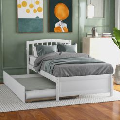 Twin Size Wooden Platform Bed Frame With Trundle Bed, And Wooden Slats Support, No Spring Box Required (Frame Only) - White