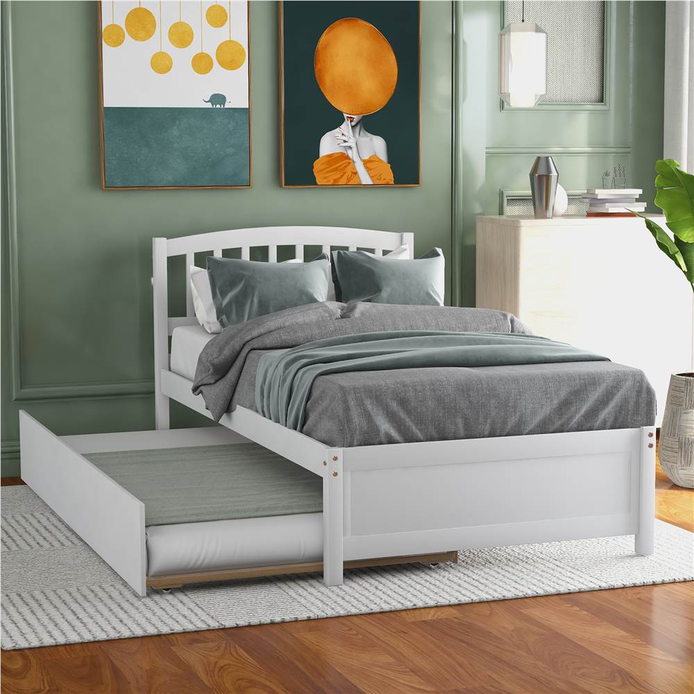Twin Size Wooden Platform Bed Frame with Trundle Bed, and Wooden Slats Support, No Spring Box Required (Frame Only) - White Twin Size Wooden Platform Bed Frame With Trundle Bed, And Wooden Slats Support, No Spring Box Required (Frame Only) - White -NEWTRAL Sales Shop Twin size Platform Bed Wood Bed Frame with Trundle White 459309 0