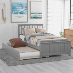 Twin-Size Platform Bed Frame With Trundle Bed, Headboard And Wooden Slats Support, No Box Spring Needed (Only Frame) - Gray