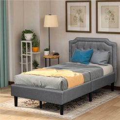 Twin Size Linen Upholstered Platform Bed Frame With Headboard, And Wooden Slats Support, No Spring Box Required (Frame Only) - Gray