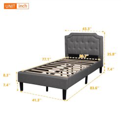 Twin Size Linen Upholstered Platform Bed Frame With Headboard, And Wooden Slats Support, No Spring Box Required (Frame Only) - Gray 3 Twin Size Linen Upholstered Platform Bed Frame With Headboard, And Wooden Slats Support, No Spring Box Required (Frame Only) - Gray -NEWTRAL Sales Shop Upholstered Scalloped Linen Platform Bed Twin Size Gray Previous SKU WF192432AAE There is a slight difference in dimension 459404 3