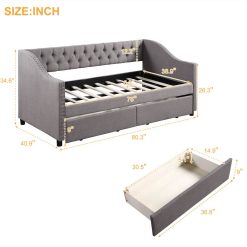 Twin Size Linen Upholstered Tufted Daybed Wooden Frame With Two Storage Drawers And Armrests - Gray -NEWTRAL Sales Shop Upholstered daybed with Two Drawers Wood Slat Support Gray Twin Size Old SKU LP000010AE 457717 4