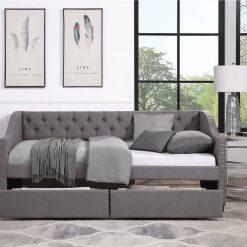 Twin Size Linen Upholstered Tufted Daybed Wooden Frame With Two Storage Drawers And Armrests - Gray
