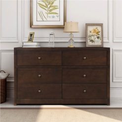 55" Solid Wood Dresser With 6 Drawers, For Bedroom, Living Room, Entrance - Brown