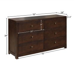 55" Solid Wood Dresser With 6 Drawers, For Bedroom, Living Room, Entrance - Brown -NEWTRAL Sales Shop Vintage Aesthetic Solid Wood 6 Drawer Double Dresser in Rich Brown Dresser of Freely Configurable Bedroom Sets 461292 5