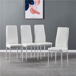 Diamond Grid Pattern Fire-retardant Leather Armless Chair Set Of 4, Sprayed Metal Pipe Legs For Kitchen, Living Room, Office, Bedroom - White