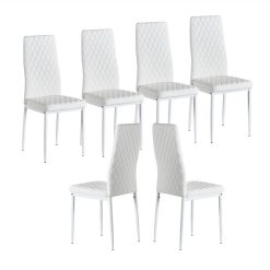 Diamond Grid Pattern Fire-retardant Leather Armless Chair Set Of 6, Sprayed Metal Pipe Legs For Kitchen, Living Room, Office, Bedroom - White