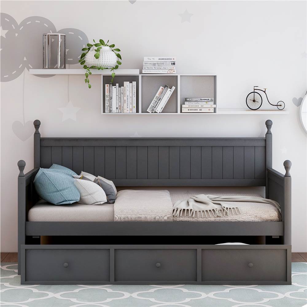 Twin Size Wooden Daybed Frame with 3 Storage Drawers and Wooden Slats Support, No Need for Spring Box, for Living Room, Bedroom, Office, Apartment - Gray Twin Size Wooden Daybed Frame With 3 Storage Drawers And Wooden Slats Support, No Need For Spring Box, For Living Room, Bedroom, Office, Apartment - Gray -NEWTRAL Sales Shop Wood Daybed with Three Drawers Twin Size Daybed No Box Spring Needed Gray 459272 2