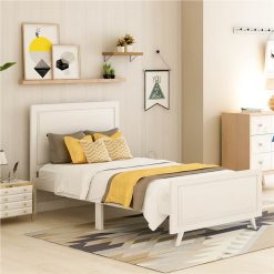Twin-Size Wooden Platform Bed Frame With Headboard And Wooden Slats Support - White