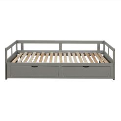 78.2" Twin Size Wooden Daybed With Trundle Bed And 2 Storage Drawers, No Need For Spring Box, For Living Room, Bedroom, Office, Apartment - Gray -NEWTRAL Sales Shop Wooden Daybed with Trundle Bed and Two Storage Drawers Extendable Bed Daybed Sofa Bed for Bedroom Living Room Gray 459239 2