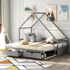 Twin Size Wooden Extending Daybed With 2 Storage Drawers, Space-saving Design, No Box Spring Needed - Gray