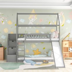 Twin-Over-Twin Size Bunk Bed Frame With Storage Stairs, Slide, And Wooden Slats Support, For Kids, Teens, Boys, Girls (Frame Only) - Gray
