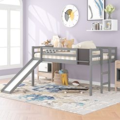 Twin-Size Loft Bed Frame With Slide, Chalkboard, And Wooden Slats Support, No Box Spring Required, For Kids, Teens, Boys, Girls (Frame Only) - Gray