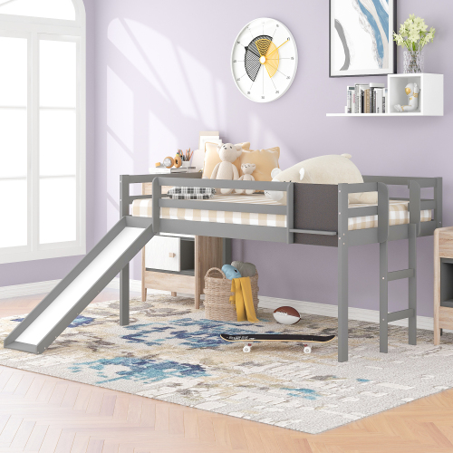 Twin-Size Loft Bed Frame with Slide, Chalkboard, and Wooden Slats Support, No Box Spring Required, for Kids, Teens, Boys, Girls (Frame Only) - Gray Twin-Size Loft Bed Frame With Slide, Chalkboard, And Wooden Slats Support, No Box Spring Required, For Kids, Teens, Boys, Girls (Frame Only) - Gray -NEWTRAL Sales Shop twin size loft bed wood bed with slide stair and chalkboard gray 1630562998908